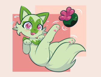 bodily_fluids featureless_crotch female female_feral feral fur geometric_background green_body green_ears green_fur green_inner_ear legs_up looking_at_viewer pawpads pink_eyes pink_mouth pink_pawpads pink_tongue simple_background solo sweat tongue ninebuttom nintendo pokemon generation_9_pokemon mammal pokemon_(species) sprigatito