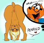 all_fours anthro anus areola ass_up bent_over blonde_hair bodily_fluids breasts brown_body butt clitoris downward_dog_pose duo eyewear female female_focus genitals glasses hair hands_on_ground hanging_breasts head_down_ass_up heart_symbol laugh looking_at_viewer looking_back looking_back_at_viewer looking_through looking_through_legs looking_through_legs_at_viewer male nipples nude plantigrade presenting presenting_anus presenting_hindquarters presenting_pussy pussy rear_view smile smiling_at_viewer solo_focus spread_legs spread_pussy spreading sweat text tiptoes upside_down_face jabberwockychamber danger_mouse_(series) ernest_penfold scarlet_johamster cricetid hamster mammal rodent 2019 hi_res