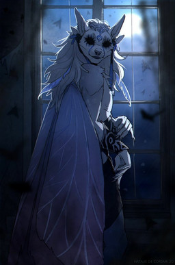 anthro clothed clothing empty_eyes female fur hair looking_at_viewer smile solo white_body white_fur wings natalie_de_corsair arthropod canid canine canis hybrid insect lepidopteran mammal moth wolf digital_media_(artwork) hi_res