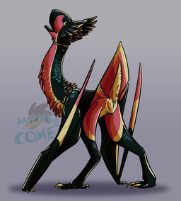 ambiguous_gender animal_genitalia beak black_body black_feathers claws cloaca collar countershade_neck countershading digitigrade feathered_crest feathers feral genitals gradient_background head_crest iridescent leg_markings logo long_neck looking_at_viewer looking_back looking_back_at_viewer markings membrane_(anatomy) membranous_wings open_mouth presenting presenting_cloaca quadruped raised_tail red_body red_feathers short_tail simple_background smile socks_(marking) solo standing tail wings yellow_eyes yellow_markings conditional_dnp moonlit-comet european_mythology mythology rhodonite_(moonlit-comet) dragon jewel_wyvern_(moonlit-comet) mythological_creature mythological_scalie scalie western_dragon wyvern 2025 artist_logo cel_shading hi_res shaded male_(lore)