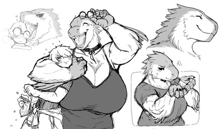 anthro big_breasts biped bite_mark blush breasts broken_glasses claws duo eyes_closed eyewear female female_anthro finger_claws glasses head_bite hug huge_breasts larger_anthro larger_female male male/female male_human open_mouth open_smile sharp_teeth size_difference smaller_human smaller_male smile teeth iriedono dinosaur dromaeosaurid human mammal prehistoric_species reptile saurischian scalie theropod utahraptor 2026 digital_media_(artwork) greyscale monochrome
