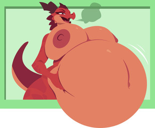 anthro belly big_belly big_breasts bloated breasts burping countershade_belly countershade_breasts countershade_torso countershading fangs female glistening glistening_belly glistening_breasts holding_belly horn huge_belly huge_breasts hyper hyper_belly navel nipples non-mammal_breasts open_mouth overweight overweight_anthro overweight_female red_body shake_lines solo tail teeth tongue smuggoblin mythology dragon mythological_creature mythological_scalie scalie 2025 digital_drawing_(artwork) digital_media_(artwork) hi_res