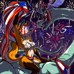 american_flag anthro bodypaint covered_nipples face_paint female female_anthro fireworks flag_clothing holidays open_mouth riding_on_back shirtless united_states_of_america magnificent-arsehole 4th_of_july animal_humanoid canid canid_humanoid canine canine_humanoid fox fox_humanoid humanoid mammal mammal_humanoid mustafol hi_res