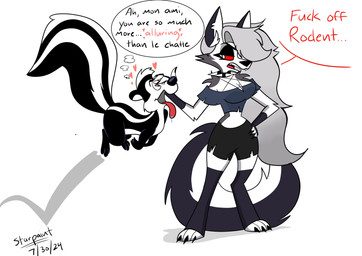 absolute_territory anthro big_tail black_body black_bottomwear black_clothing black_fur black_shorts bodily_fluids bottomwear breasts cleavage clothed clothed_anthro clothed_female clothing collar dialogue digitigrade drooling duo female female_anthro feral fingerless_gloves fur gloves grey_hair hair hair_over_eye hand_on_hip handwear heart_eyes heart_symbol huge_tail jumping legwear long_hair male male_feral notched_ear open_mouth profanity pushing_away red_sclera saliva shorts simple_background skunk_stripe small_waist spiked_collar spikes tail text thigh_highs toeless_legwear toeless_stockings tongue tongue_out white_background white_body white_eyes white_fur white_hair wide_hips starpaintart hellaverse helluva_boss looney_tunes mythology warner_brothers loona_(helluva_boss) pepe_le_pew canid canid_demon canine demon hellhound mammal mephitid mythological_canine mythological_creature skunk 2024 absurd_res english_text french_text hi_res