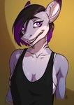 anthro black_hair breasts clothed clothing ear_piercing ear_ring female gauged_ear hair looking_at_viewer non-mammal_breasts piercing purple_eyes purple_hair ring_piercing solo teeth ldr fish marine shark 2021 absurd_res digital_media_(artwork) hi_res