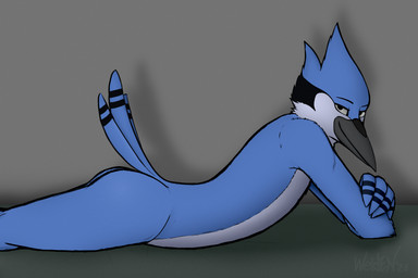 4_fingers anthro arms_bent athletic athletic_male beak bed bedroom bedroom_eyes black_body black_feathers black_markings blue_body blue_feathers butt cere_(anatomy) countershading crossed_arms eyebrows feather_hair feather_hands feather_markings feather_tuft feathered_crest feathers finger_markings fingers from_side furniture grey_beak head_crest inside inviting inviting_to_bed inviting_to_sex inviting_viewer legs_together looking_aside looking_at_viewer lying lying_on_bed male markings mouth_closed narrowed_eyes nude on_bed on_front pseudo_hair pupils relaxing seductive shadow side_view simple_background slim slim_anthro slim_male smile smiling_at_viewer smirk smirking_at_viewer solo straight_legs tail tail_feathers tuft turning_head white_body white_countershading white_feathers white_sclera welden_(artist) cartoon_network regular_show mordecai_(regular_show) avian bird blue_jay corvid jay_(bird) new_world_jay oscine passerine 3:2 hi_res shaded textless