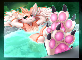 4_ears ambiguous_gender anthro barefoot black_sclera claws feathered_wings feathers feet foot_fetish foot_focus fur hair hindpaw hot_tub looking_at_viewer multi_ear night nude outside partially_submerged pawpads paws pink_pawpads plant smile soles solo toe_claws toes water waterb winged_arms wings backsash avali avian 2026 digital_media_(artwork) hi_res