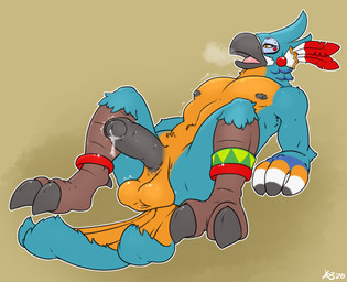 abs anthro avian_feet balls beak big_balls black_penis blue_body blue_feathers bodily_fluids cum cum_drip dripping erection feather_hands feathers feet foreskin genital_fluids genitals humanoid_genitalia humanoid_penis imminent_orgasm male muscular nipples nude nude_male outline penis precum precum_drip saggy_balls solo tail talons toes white_outline yellow_balls yellow_body toolatefortacos breath_of_the_wild nintendo the_legend_of_zelda kass_(tloz) avian rito