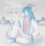 anthro blue_hair clothing ear_piercing ear_ring eyes_closed hair horn male mountain_range piercing pipe ring_piercing solo tail tanatos_aaa mythology dragon eastern_dragon mythological_creature mythological_scalie scalie digital_media_(artwork)