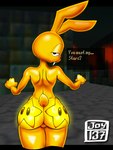 3d_background anthro backsack balls big_butt bodypaint buckteeth bulge bulge_from_behind butt butt_focus dialogue_box fur genitals glistening glistening_body glistening_eyelids long_ears looking_at_viewer looking_back male narrowed_eyes screencap screencap_background small_waist solo teeth text yellow_body yellow_fur joy137 mario_bros nintendo super_mario_64 mips lagomorph leporid mammal rabbit absurd_res english_text hi_res