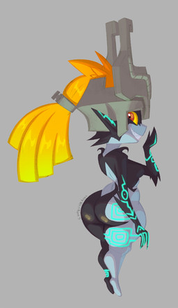 black_body black_ears black_skin blue_body blue_markings blue_skin breasts butt female fused_shadow grey_background grey_helmet hair humanoid_pointy_ears looking_back markings multicolored_body not_furry orange_hair pointy_ears rear_view red_eyes sharp_teeth short_stack simple_background small_breasts smile smug solo teeth thick_thighs two_tone_body yellow_sclera captain_molasses nintendo the_legend_of_zelda twilight_princess midna humanoid imp twili 2025 cel_shading colored colored_sketch digital_media_(artwork) hi_res shaded signature sketch