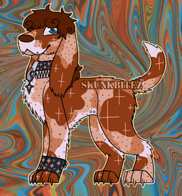abstract_background ambiguous_gender armwear blue_eyes charm_(jewelry) claws clothing collar curly_hair facial_piercing feral furgonomic_piercing furgonomics glistening glistening_eyes hair pattern_collar piercing solo sparklefur speckled speckled_body speckled_fur star_pupils tail tail_piercing tassels skunkbitez bird_dog canid canine canis domestic_dog english_setter hunting_dog mammal mixed_breed setter spaniel hi_res watermark