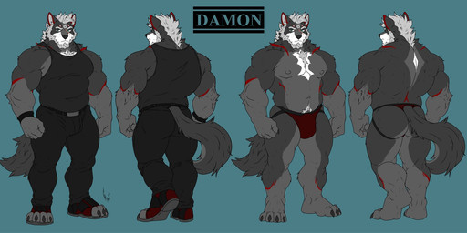 anthro biped bulge clothing jockstrap male muscular muscular_anthro muscular_male solo underwear hunterramirez damon_(karlwolf) canid canine canis mammal wolf 2025 hi_res model_sheet