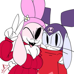 4_fingers anthro arm_around_another arm_around_shoulders breasts buckteeth clothed clothed_anthro clothed_female clothed_male clothing duo female female_anthro fingers floppy_ears gesture hand_gesture lop_ears male male/female male_anthro one_eye_closed open_mouth open_smile red_clothing red_sweater red_topwear simple_background smile sweater tail teeth topwear v_sign whiskers white_background white_tail wink padhasnx onegai_my_melody sanrio chuggy_(padhasnx) chulina_(padhasnx) kuromi my_melody demon lagomorph leporid mammal rabbit 1:1 2025 digital_drawing_(artwork) digital_media_(artwork) half-length_portrait hi_res portrait