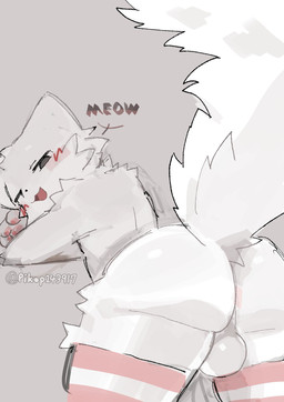 anthro arm_tuft backsack balls bent_over black_nose blush blush_lines butt cheek_tuft clothing dialogue facial_tuft femboy fluffy fluffy_tail fur genitals grey_background grey_eyes head_tuft legwear looking_at_viewer looking_back looking_back_at_viewer male open_mouth open_smile pattern_clothing pattern_legwear pattern_thigh_highs pawpads pink_clothing pink_legwear pink_pawpads pink_thigh_highs shoulder_tuft simple_background smile solo striped_clothing striped_legwear striped_thigh_highs stripes tail text thigh_highs thigh_highs_only tuft white_body white_fur pikop silly_cat_(mauzymice) domestic_cat felid feline felis mammal 2025 artist_name colored_sketch english_text hi_res sketch