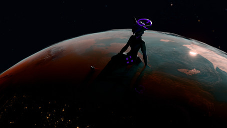 anthro black_body black_fur blue_eyes blue_nose cosmic_background cosmic_hair earth ethereal_hair extreme_size_difference femboy fur fur_markings glowing glowing_mouth glowing_nose grin halo happy macro male markings mega_macro multicolored_body night planet purple_body purple_fur purple_mouth reflection simple_background sitting sitting_on_ground size_difference smile solo space space_background sunset two_tone_body wristband kitsunaki_(artist) kitsunaki canid canine fox mammal rexouium 16:9 2026 3d_(artwork) blender_(artwork) digital_media_(artwork) full-length_portrait hi_res portrait shaded widescreen