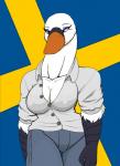 2013 anatid anseriform anserinae anthro avian big_breasts bird blue_eyes bottomwear breasts cleavage clothed clothing dress_shirt droll3 feathers female hi_res mute_swan nipple_outline non-mammal_breasts pants shirt solo swan sweden swedish swedish_flag tianna_(droll3) topwear white_body white_feathers world_war world_war_1 world_war_2