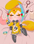 ambiguous_gender anthro baby_bottle bed bell bell_collar bib bodily_fluids bottle bow_tie collar container drooling eyes_closed fur furniture nipples pacifier saliva sexy_underwear sleeping solo toy yellow_body yellow_fur bawu bawu_(character) absurd_res hi_res