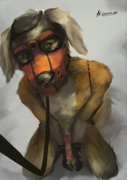 animal_mask anthro arms_tied bdsm bound ear_tuft erection fur genitals hands_tied kneeling knot knotted_penis leash leashed_male legs_tied looking_at_viewer male mask penis petplay pup_mask pupil_dilation puppyplay roleplay solo tail tail_motion tailwag tuft vein veiny_penis gaertan digital_drawing_(artwork) digital_media_(artwork) digital_painting_(artwork) hi_res painting_(artwork) shaded