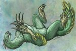 anthro breasts claws feathers female green_body green_feathers lying nipples non-mammal_breasts nude on_back open_mouth smile solo yellow_eyes caribou_(artist) dinosaur prehistoric_species reptile scalie therizinosaurid therizinosaurus theropod 2020