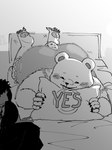 anthro bear bed bepo_(one_piece) blep blush blush_lines butt clothed clothing duo furniture heart_symbol hearts_around_head hi_res human lying male male/male mammal meme monochrome nekokat42 on_front one_piece pawpads pillow polar_bear smile tongue tongue_out trafalgar_law underwear underwear_only ursine yes-no_pillow yes_pillow