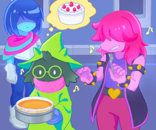 anthro armband black_body black_fur blue_body blue_hair blue_skin bracelet cake clothed clothed_anthro clothed_human clothing dessert eyewear female food fully_clothed fully_clothed_anthro fully_clothed_human fur glasses green_eyewear green_glasses group hair hat headgear headwear holding_fork holding_object jewelry male pink_scarf round_glasses scarf spiked_armband spiked_bracelet spikes thought_bubble trio wizard_hat lico_(artist) deltarune undertale_(series) kris_dreemurr ralsei susie_(deltarune) bovid caprine goat human mammal scalie 6:5