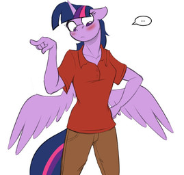 anthro blush bottomwear clothing ellipsis feathered_wings feathers female gesture hand_gesture horn implied_transformation looking_down open_mouth pants pointing purple_body purple_eyes red_clothing red_shirt red_topwear shirt simple_background solo text topwear white_background wings tf-sential friendship_is_magic hasbro my_little_pony mythology twilight_sparkle_(mlp) equid equine mammal mythological_creature mythological_equine winged_unicorn