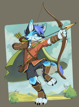 action_pose anthro black_claws black_nose blue_body blue_eyes blue_fur blue_hair blue_sky bottomwear bow_(weapon) cape claws closed_smile clothed clothing cloud front_view fur glistening glistening_eyes gloves green_cape green_clothing grey_bottomwear grey_clothing grey_shorts hair handwear holding_arrow holding_bow_(weapon) holding_object holding_ranged_weapon holding_weapon logo male male_anthro mouth_closed outside plant pose quiver_(object) ranged_weapon red_clothing red_topwear short_hair shorts sky smile solo topwear torn_bottomwear torn_clothing torn_shorts tree weapon white_body white_fur young young_anthro young_male pandapaco canid canine mammal artist_logo hi_res signature