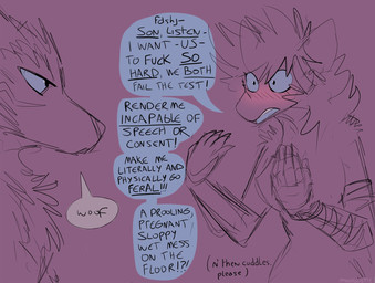 5_fingers anthro bedroom_eyes blush blush_lines breasts conjoined_speech_bubble cuddle_request dialogue duo eye_contact female fingers fur hair harkness_test impregnation_request inviting_to_sex keysmash_text linked_speech_bubble looking_at_another male male/female missing_arm narrowed_eyes prosthetic prosthetic_arm prosthetic_limb requesting seductive sex_request speech_bubble text underline wide_eyed woof_(sound_effect) pankallisti circe_(pankallisti) malakai_(malakai) canid canine canis mammal murid murine rat rodent wolf hi_res sketch mother_(lore) mother_and_child_(lore) parent_(lore) parent_and_child_(lore)