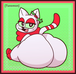 big_butt black_nose border butt dipstick_tail eyeshadow female freckles fur green_sclera holidays holly_(plant) looking_at_viewer looking_back looking_back_at_viewer makeup markings narrowed_eyes open_mouth open_smile pink_tongue plant red_border red_eyeshadow red_tail_tip smile solo tail tail_markings tongue white_body white_fur tunemon christmas junipurr domestic_cat felid feline felis mammal 2023 digital_media_(artwork)