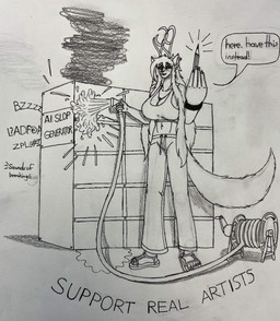 anthro anti-ai antlers bottomwear breaking breaking_the_fourth_wall clothing crop_top feet female freckled_face freckles garden_hose horn humanoid_feet humanoid_hands pants pencil_(object) plantigrade say_no_to_ai server shirt solo spray_nozzle spraying_water sweatpants text topwear dylanaildon_no_2 tirisk_(dylanaildon_no_2) forest_spirit mammal absurd_res english_text hi_res shaded shaded_line_art
