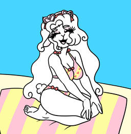 anthro beach_blanket beach_towel beachwear bikini bikini_bottom bikini_top bikonwool clothing eyewear feet female glasses heart_glasses humanoid_feet humanoid_hands plantigrade sand simple_background solo swimwear towel two-piece_swimsuit white_body creamecream bo_(creamecream) bovid caprine mammal sheep