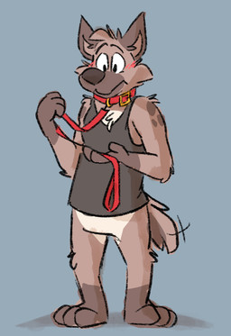 anthro barefoot bdsm black_clothing black_shirt black_tank_top black_topwear blush brown_body brown_fur brown_nose clothed clothing feet fur grey_background holding_leash holding_object leash male markings null_crotch pantsless pantsless_anthro pantsless_male shirt simple_background solo spots spotted_markings tan_body tan_fur tank_top toony topwear mushketeery mushy_(mushketeery) mushy_(mushketeteery) hyena mammal hi_res