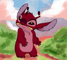 3_toes 4_fingers ambiguous_gender angry antennae_(anatomy) anthro biped black_eyes chest_tuft claws clenched_teeth feet fingers fur head_tuft multicolored_antennae outside pawpads purple_inner_ear red_body red_claws red_fur red_nose red_pawpads solo teeth toes tuft yellow_teeth miluri disney lilo_and_stitch leroy_(lilo_and_stitch) alien experiment_(lilo_and_stitch) 2025 dated digital_drawing_(artwork) digital_media_(artwork) signature male_(lore)