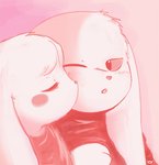 anthro blush duo eyelashes eyes_closed facial_scar female floppy_ears fluffy fur fur_tuft head_tuft kissing kissing_cheek looking_at_another lop_ears male male/female one_eye_closed open_mouth scar simple_background small_nose text tuft tiuhu cave_story king_(cave_story) toroko lagomorph mammal mimiga 2009 digital_drawing_(artwork) digital_media_(artwork) low_res monochrome url brother_(lore) brother_and_sister_(lore) sibling_(lore) sister_(lore)