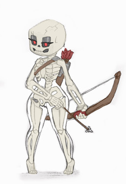 arrow_(weapon) black_sclera bone bow_(weapon) female looking_at_viewer makeup mascara quiver_(object) ranged_weapon red_eyes skeleton solo visible_skeleton weapon silvershield88 microsoft minecraft mojang xbox_game_studios humanoid skeleton_(minecraft) undead absurd_res hi_res