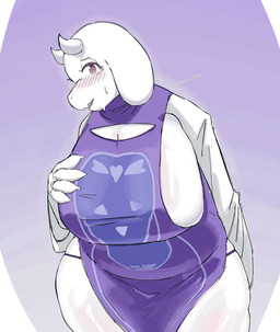 anthro apron barely_contained barely_contained_breasts big_breasts blush bodily_fluids body_blush breast_blush breasts clothed clothed_anthro clothed_female clothing eyebrows female fingers front_view fur hand_behind_back hand_on_breast head_turned horn huge_breasts humanoid_hands looking_at_viewer open_mouth overweight overweight_anthro overweight_female panties purple_apron purple_background purple_clothing purple_eyes purple_panties purple_underwear raised_inner_eyebrows shy side_boob simple_background solo sweat sweatdrop text thick_thighs thigh_blush underwear white_body white_fur wide_hips itidesu_zoe undertale_(series) toriel boss_monster_(undertale) absurd_res artist_name colored hi_res portrait shaded three-quarter_portrait