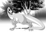 blep feathers feral plant screentone solo text tongue tongue_out tree white_crest_(artist) cresty_(white_crest) crestysaurus dinosaur feathered_dinosaur feathered_scalie prehistoric_species reptile scalie 2019 english_text greyscale hi_res monochrome