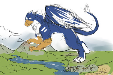 ambiguous_feral ambiguous_gender beak belly big_belly blue_body blue_wings city cloud feathered_wings feathers feral macro mountain mouth_closed outside river side_view solo tail tail_tuft tuft white_body white_wings wings yellow_beak solaxe_(artist) mythology avian gryphon mythological_avian mythological_creature colored_sketch sketch