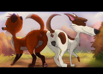 animal_genitalia animal_vulva ass_to_ass big_butt black_bars blue_eyes bodily_fluids brown_body brown_eyes brown_fur butt butt_focus butt_squeeze butt_squish canine_genitalia canine_vulva duo female feral fur genitals looking_at_another open_mouth paws raised_paw raised_tail red_body red_fur smile squeezing squish tail vulva white_body white_fur udbebu jungledyret_hugo space_dogs rita_(jungledyret) strelka canid canine canis domestic_dog fox mammal red_fox true_fox absurd_res hi_res letterbox