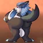 anthro areola arm_tuft backsack balls barely_visible_pawpads big_balls big_breasts big_butt big_ears big_hair black_body black_fur blue_areola blue_body blue_claws blue_fur blue_hair blue_nipples blush blush_lines breasts butt claws ear_piercing ear_ring ear_tuft elbow_tuft fluffy fur genitals gradient_fur green_body green_fur gynomorph hair huge_balls huge_breasts huge_butt hyper hyper_breasts intersex leg_tuft looking_at_viewer looking_back machine multicolored_body multicolored_fur neck_tuft nipples overweight overweight_anthro overweight_gynomorph overweight_intersex piercing raised_tail rear_view ring_piercing screen screen_face side_boob smile solo standing suggestive tail tuft white_balls white_body white_fur ryshokka_syre ryshokka_syre_(character) mammal protogen absurd_res digital_drawing_(artwork) digital_media_(artwork) hi_res shaded signature