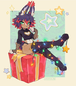 abstract_background anthro armwear box cleavage_cutout clothing container cutout feet female fishnet_armwear fishnet_clothing gift gift_box hair inner_ear_fluff kemono legwear looking_at_viewer multicolored_hair navel ornament paws raised_leg semi-anthro sitting soles solo stockings string_lights sweater thick_thighs thigh_highs topwear tuft two_tone_hair waspsalad lagomorph leporid mammal rabbit 2023 digital_media_(artwork) digital_painting_(artwork) hi_res painting_(artwork)