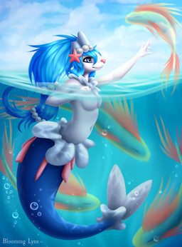 blue_eyes blue_hair blue_sky breasts bubble busty_feral closed_smile cloud eyelashes featureless_breasts female feral floating glistening glistening_eyes glistening_hair group hair medium_breasts mouth_closed navel partially_submerged pink_nose sea sky smile split_form swimming text underwater water waterline_view bloominglynx nintendo pokemon aquatic fish generation_7_pokemon mammal pinniped pokemon_(species) primarina 2019 artist_name digital_media_(artwork) digital_painting_(artwork) hi_res painting_(artwork)