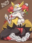 alcohol anthro beverage breasts butt champagne clothing female first_person_view footwear holidays kneeling medium_breasts shoes sitting smug smug_face solo underwear yarney new_year nintendo pokemon braixen canid canine fox generation_6_pokemon mammal pokemon_(species) absurd_res hi_res