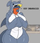 anthro anthro_focus blue_body blue_scales clothed clothed_female clothing curvy_figure dorsal_fin embarrassed female female_anthro female_focus fin fully_clothed fully_clothed_female gills kigurumi male notched_fin onesie red_body red_scales scales sharp_teeth solo solo_focus tail teeth text wide_hips activeajames mythology nintendo pokemon chrom_(fire_emblem) tamara_(activeajames) dragon garchomp generation_4_pokemon human mammal mythological_creature mythological_scalie pokemon_(species) scalie english_text hi_res