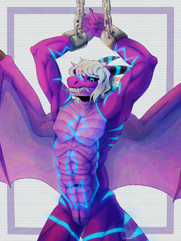 abs animal_genitalia anthro athletic athletic_anthro athletic_male blue_eyes blue_markings bound chain chained countershading genital_slit genitals hair horn male markings muscular pecs purple_body restrained solo tail white_hair wings withdrawn_penis eerrratt mythology grydir_dacanoor_(griffonki) dragon mythological_creature mythological_scalie scalie 3:4 hi_res