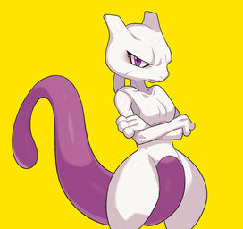 anthro crossed_arms fingers iris nude pupils purple_eyes purple_pupils purple_tail simple_background solo tail yellow_background drunk_oak nintendo pokemon generation_1_pokemon legendary_pokemon mewtwo pokemon_(species) 2021 hi_res
