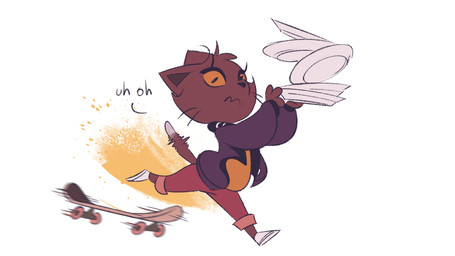 anthro biped boots bottomwear brown_body brown_fur clothing dishes eyelashes eyeliner female footwear fur hair jacket makeup pants shoes short_hair skateboard solo text topwear tripping vehicle whiskers itsdanfango jalei_(itsdanfango) domestic_cat felid feline felis mammal 16:9 2021 english_text widescreen