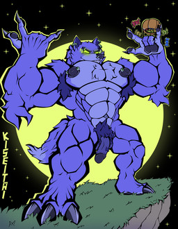 anthro armpit_hair big_muscles big_nipples big_pecs body_hair candy dessert flaccid flexing flexing_bicep flexing_both_biceps food fruit full_moon genitals green_sclera huge_muscles huge_pecs hyper hyper_muscles male moon muscular night nipples nude pecs penis piercing plant pubes pumpkin purple_body solo kiseitai mythology canid canine mammal mythological_canine mythological_creature werecanid werecanine werecreature werewolf absurd_res hi_res