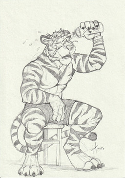 abs anthro bottomwear clothed clothing facial_markings fur head_markings male male_anthro markings muscular muscular_anthro muscular_male open_mouth pecs simple_background sitting solo striped_arms striped_body striped_face striped_fur striped_legs striped_markings striped_tail stripes tail tail_markings topless water wet wet_body wet_fur hufnaar ulbrek felid mammal pantherine tiger 2017 dated hi_res monochrome signature sketch